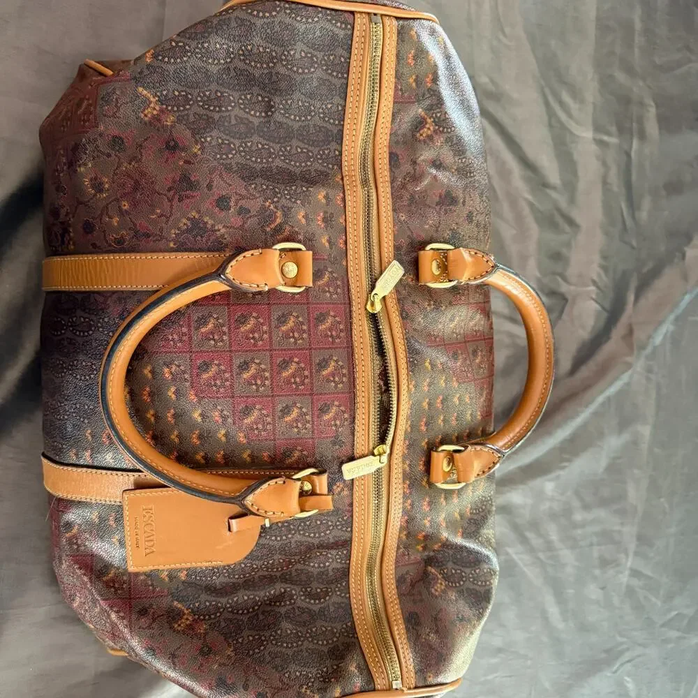 Vintage ESCADA Made In Italy Coated Canvas Leather Duffel Travel Bag 20